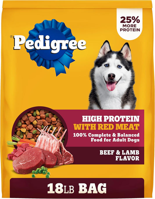 Pedigree High Protein Adult Dry Dog Food Beef and Lamb Flavor Dog Kibble, 18 lb. Bag