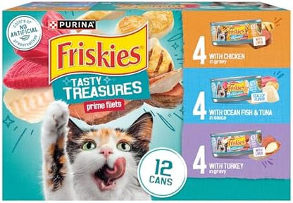 Friskies Purina Tasty Treasures Cat Food, Prime Filets Variety, (12) 5.5 oz