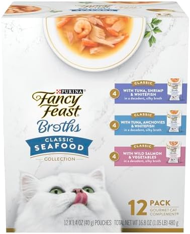 Purina Fancy Feast Broths, Classic Seafood Wet Cat Food Complement, 1.4 oz Pouch, 12-Pack