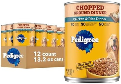 Pedigree Chopped Ground Dinner Adult Wet Dog Food, Chicken & Rice Flavor, 13.2 oz Cans, 12-Pack
