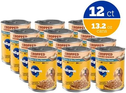 Pedigree Chopped Ground Dinner Adult Wet Dog Food, Chicken & Rice Flavor, 13.2 oz Cans, 12-Pack