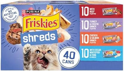Purina Friskies Shreds in Gravy Wet Cat Food Variety Pack, 5.5 oz Cans, 40-Pack
