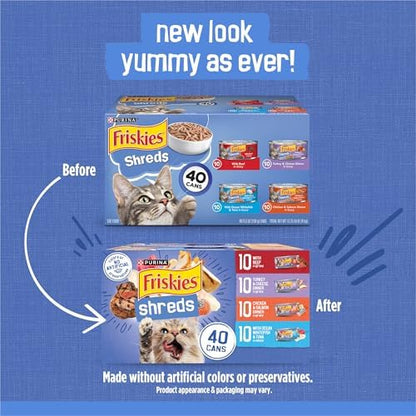 Purina Friskies Shreds in Gravy Wet Cat Food Variety Pack, 5.5 oz Cans, 40-Pack