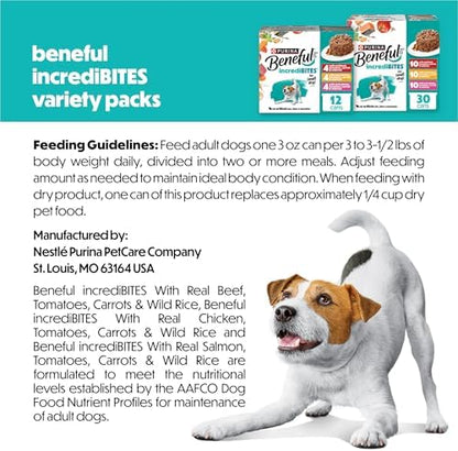 Purina Beneful Small Breed Wet Dog Food Variety Pack, IncrediBites With Real Beef, Chicken and Salmon, 3 oz Cans, 30-Pack