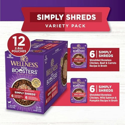 Wellness Bowl Boosters Simply Shreds Wet Dog Food Topper Variety Pack, 2.8 oz Pouches, 12-Pack